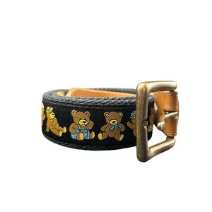 Adjustable Belt Brass Buckle Teddy Fresh Black Embroidered Bear Leather 42" Logo